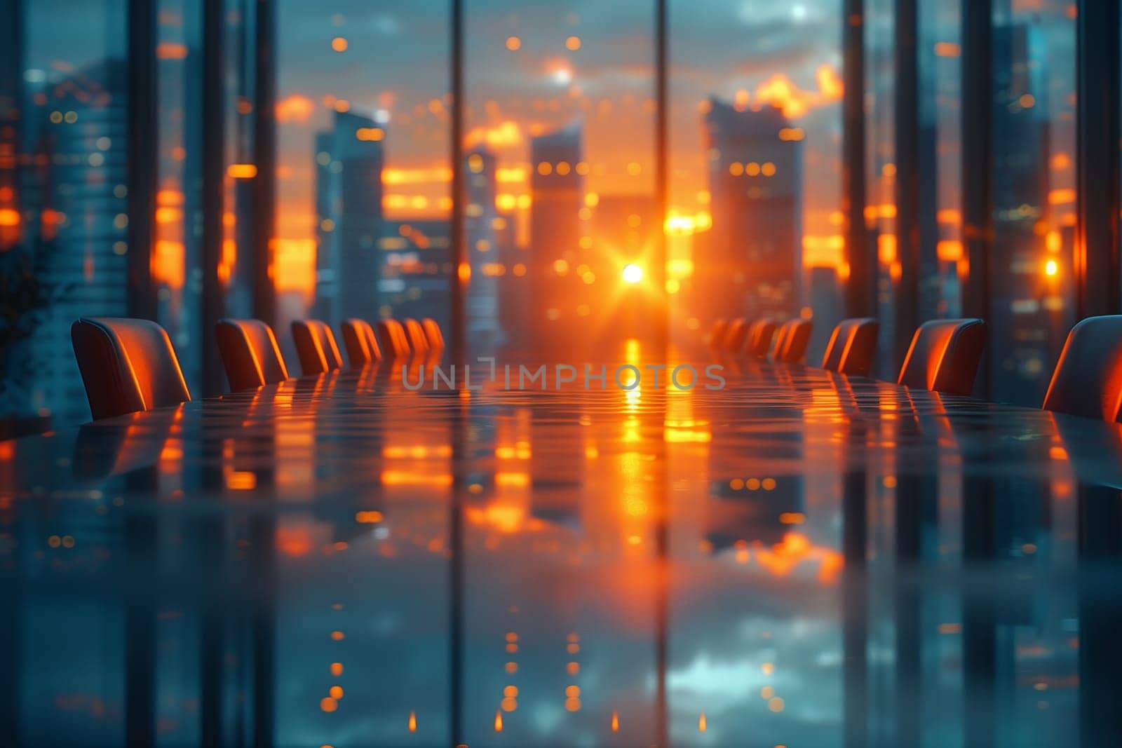 A conference room with a view of a city at sunset, showcasing amber skies and orange sunlight reflecting off skyscrapers and tower blocks, with water glistening beneath the fading daylight