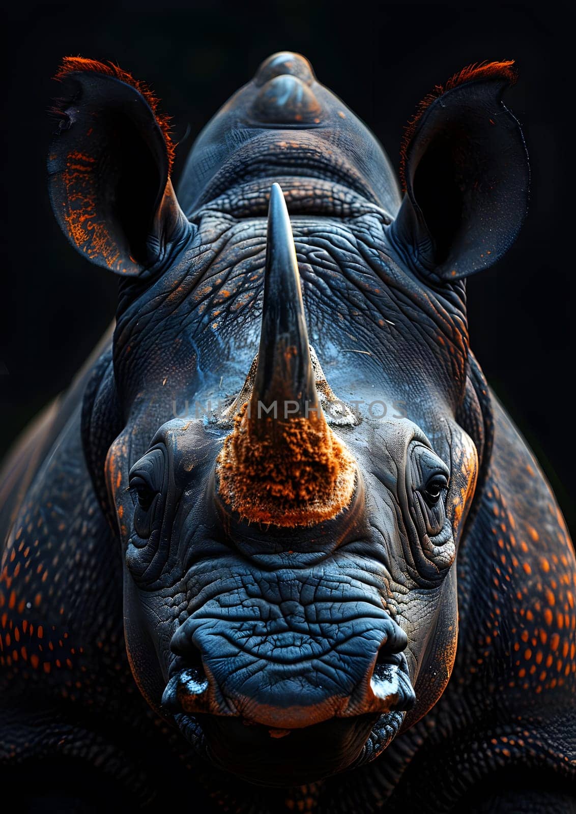 A closeup of a rhino with a long horn, resembling the symmetry of a rayfinned fish. The horn shines in electric blue, resembling metal art in the darkness of wildlife