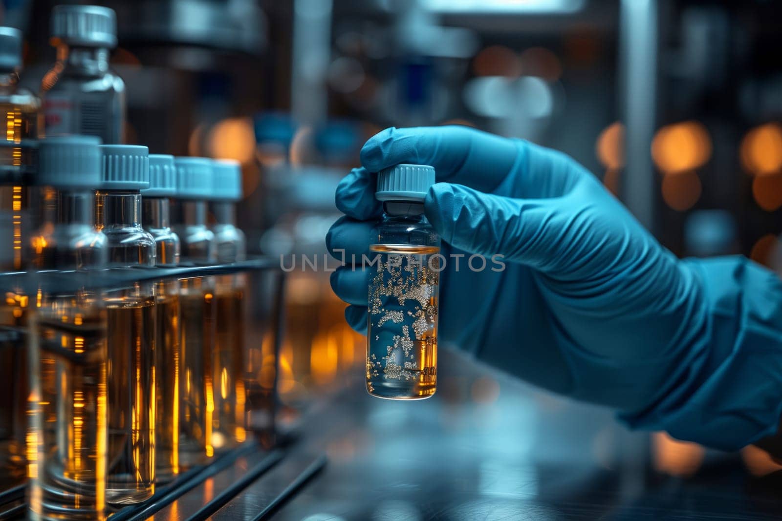 In the laboratory, a scientist is holding a small bottle of electric blue fluid, possibly a solution or drinkware