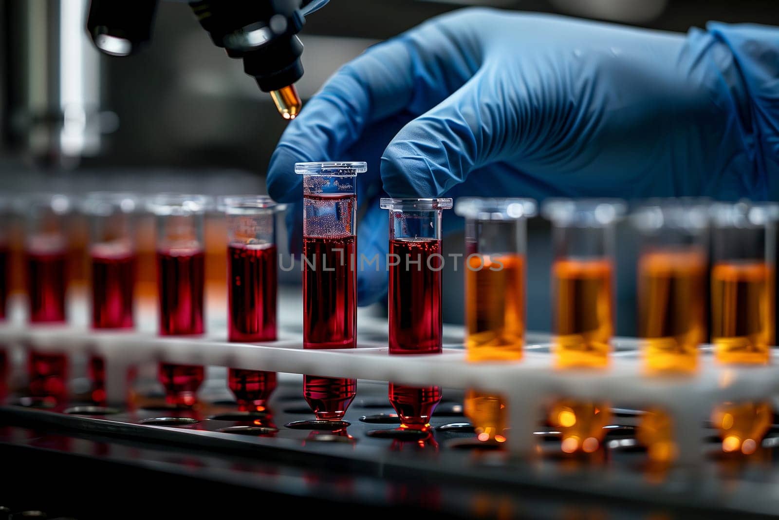 An individual is transferring a fluid into a test tube in a lab using drinkware. The liquid could be a solution, an alcoholic beverage, beer, or another type of alcohol