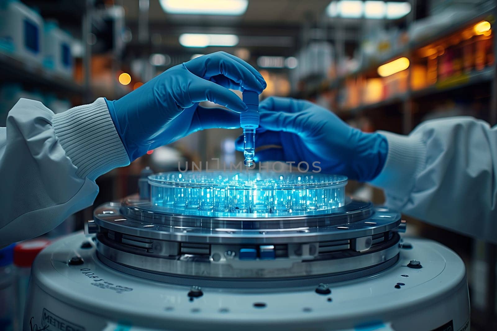 An individual wearing electric blue gloves is engineering an automotive tire on a machine to be part of the automotive wheel system