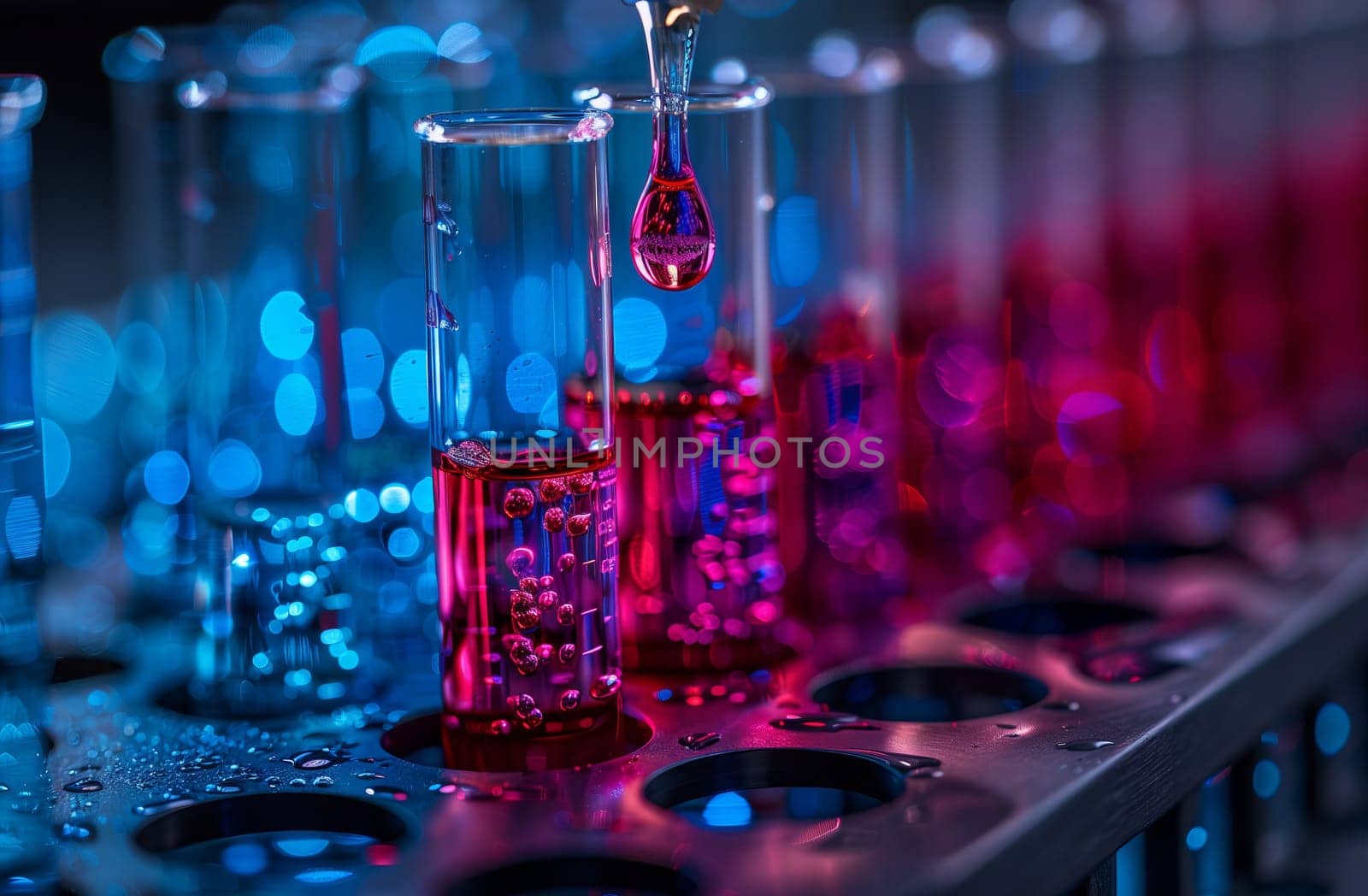 A drop of purple liquid is poured into a test tube by richwolf