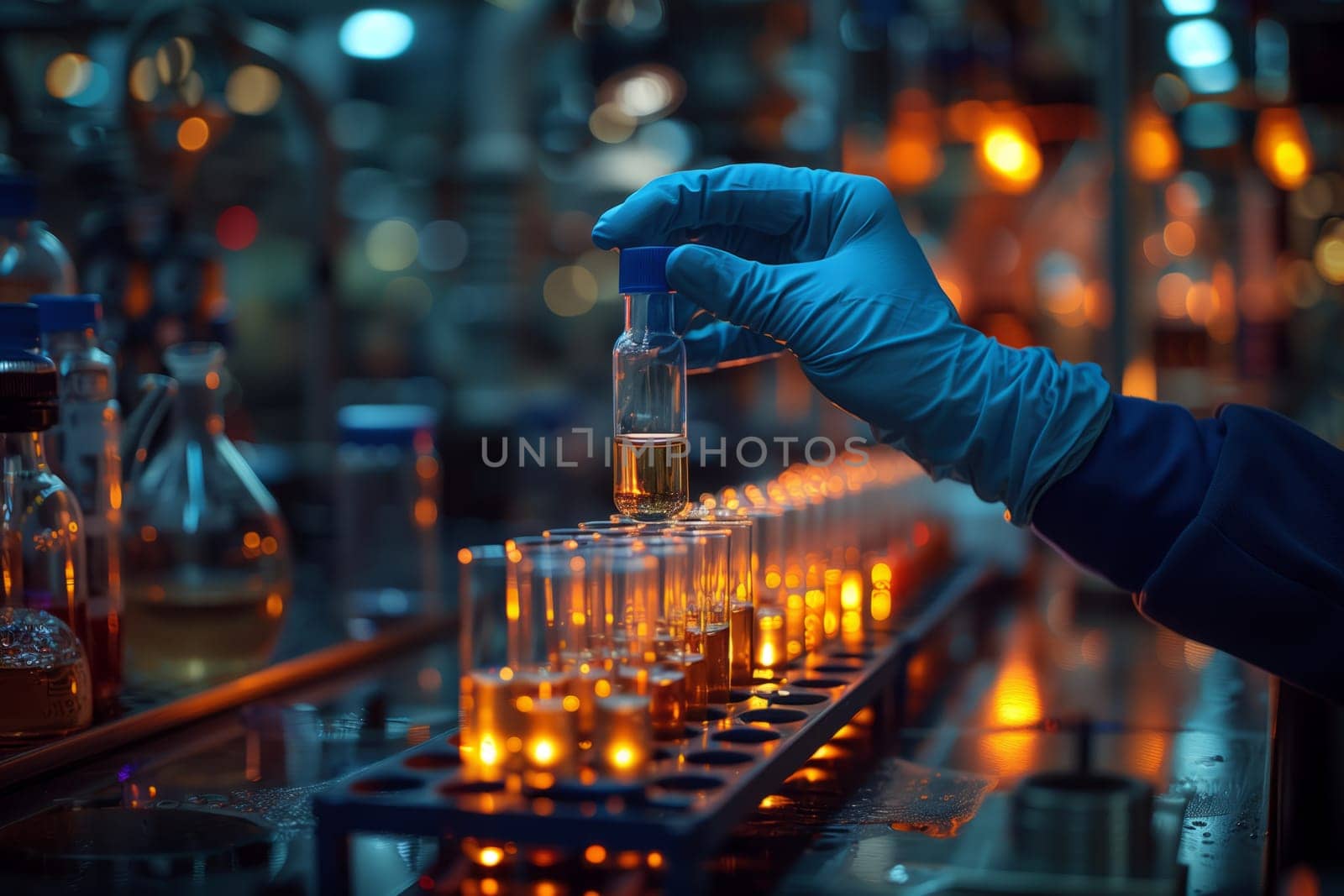 A person is holding a test tube filled with a liquid in a laboratory setting