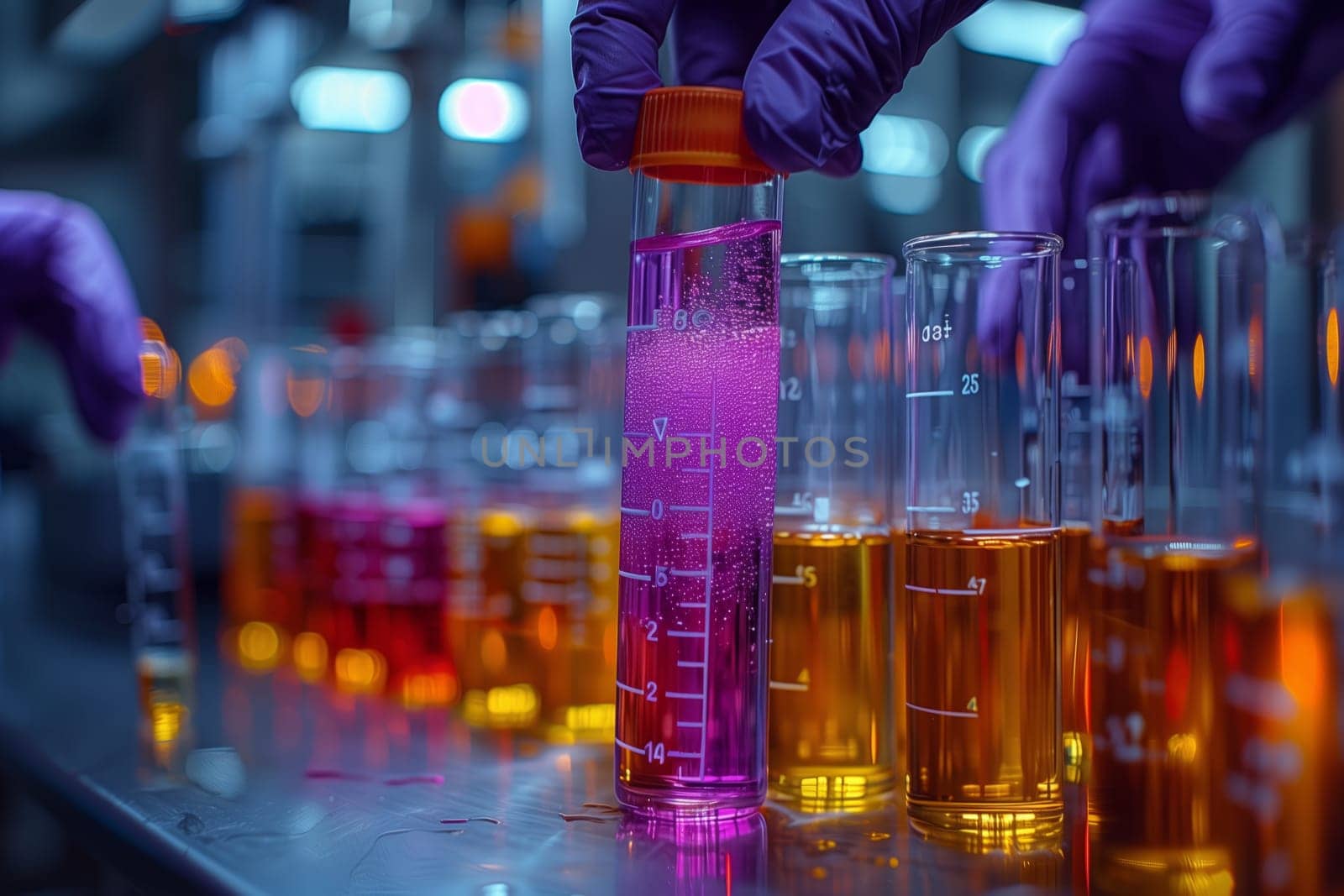 A person is transferring a purple alcoholic beverage from a drinkware container into a test tube in a laboratory