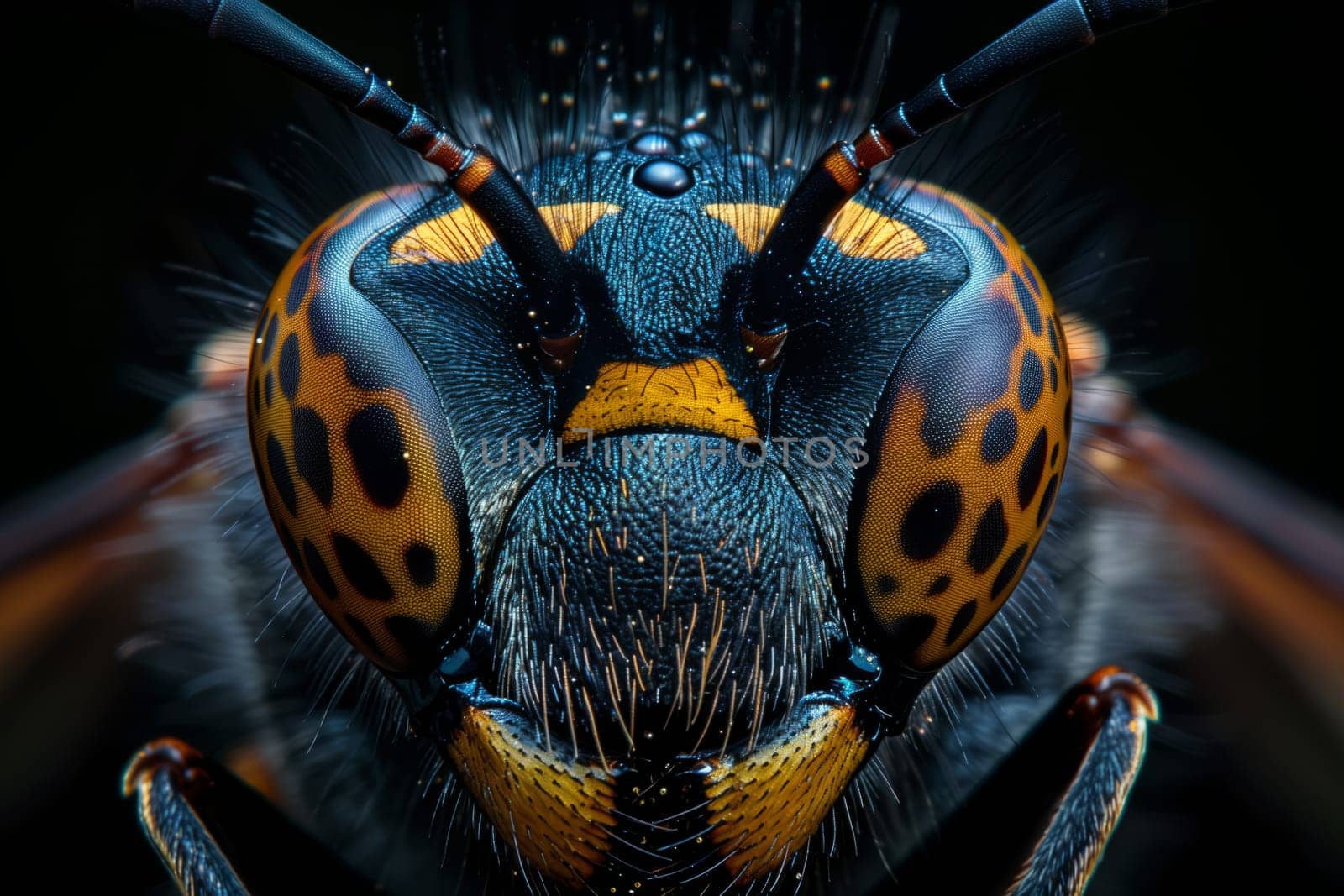 Closeup of a wasps face in macro photography against a black background by richwolf