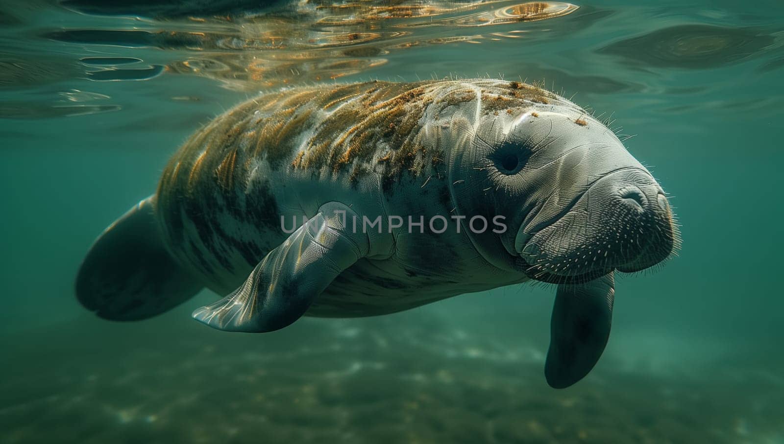 a manatee is swimming in the ocean by richwolf