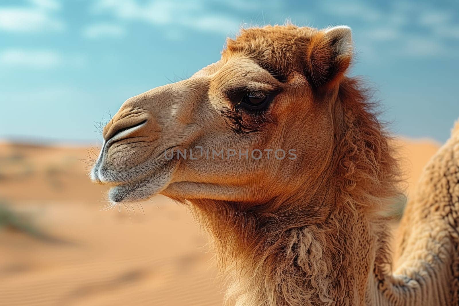 A closeup shot of a camels eye against the desert landscape, showcasing the adaptation of this terrestrial animal to its natural environment