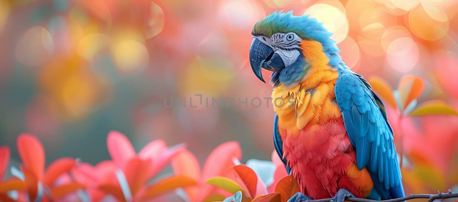 A vibrant macaw parrot is gracefully perched on a branch, its colorful feathers shining beautifully in the sunlight
