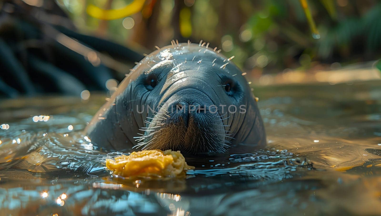 A marine mammal, the manatee, with its snout, is a herbivorous aquatic creature that is often seen peacefully eating underwater vegetation in the water