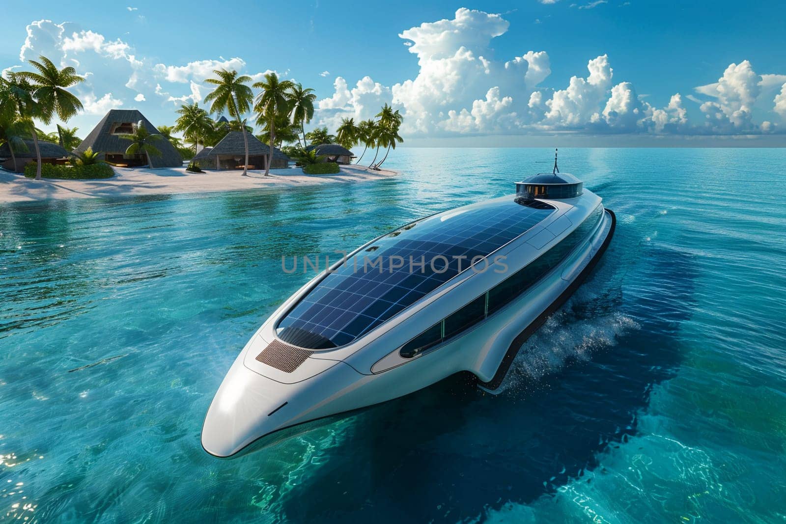 Eco-friendly solar-powered vessel cruising on crystal-clear waters by a palm-lined paradise. Sustainable travel and green energy concept.