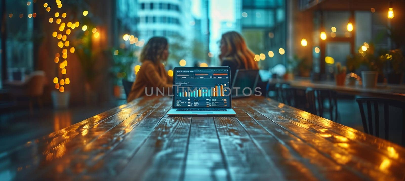 Two women are leisurely sitting at a table in a city building, with a laptop in electric blue, planning a fun travel event. Technology is at their fingertips