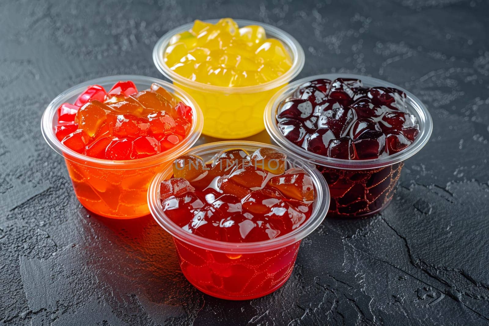 Assorted colorful marmalade jelly cups, dark slate background. Sweet dessert by Yevhen89