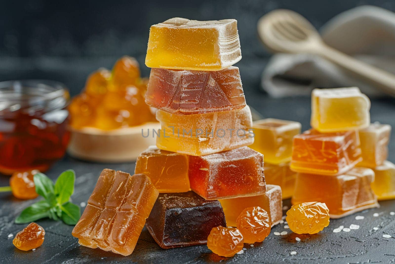 Close-up of assorted marmalade pieces with vibrant colors stacked with honey jar in background on dark slate