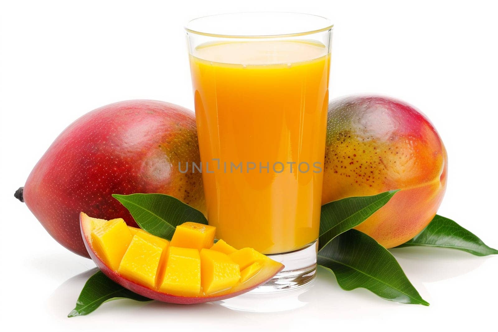 Ripe whole mangoes with diced fruit pieces and fresh juice in a transparent glass, garnished with green leaves on a white background.