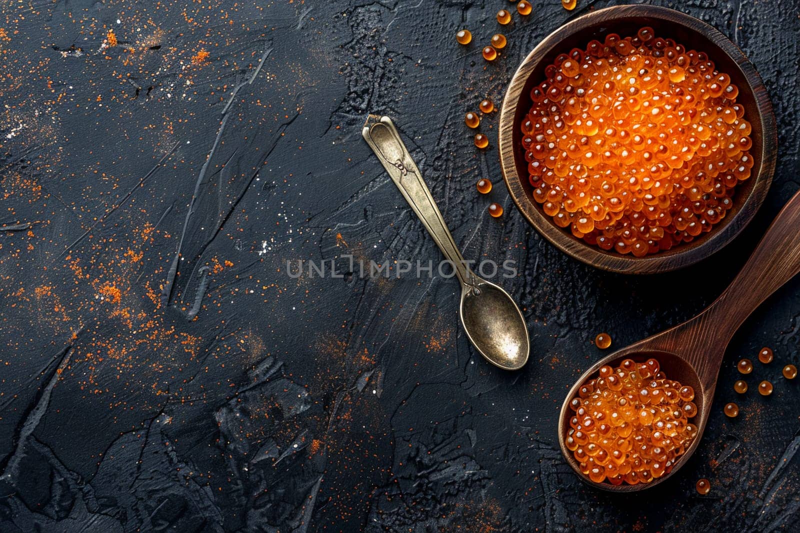 Top view of salmon caviar in wooden bowls with spoon on textured dark surface. Concept of luxury gourmet food, seafood delicacies, and Russian cuisine.
