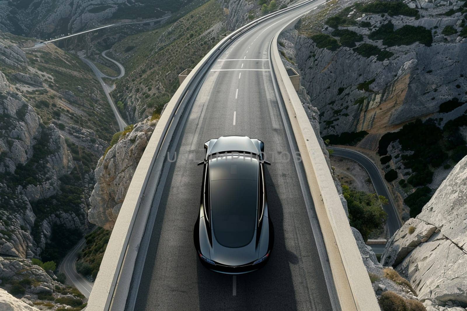 Sleek futuristic car navigating winding road in scenic mountain landscape under clear blue sky, illustrating modern transportation and travel.