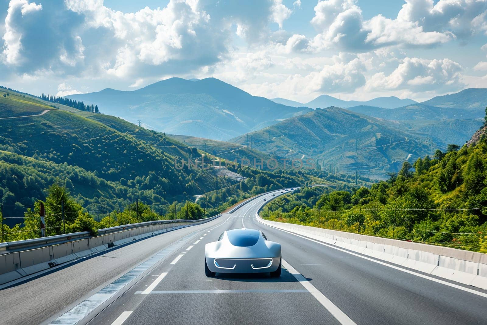 Futuristic electric vehicle on scenic mountain highway with lush green landscape under blue sky. Concept of innovation, electric cars, road trips, and sustainable technology.