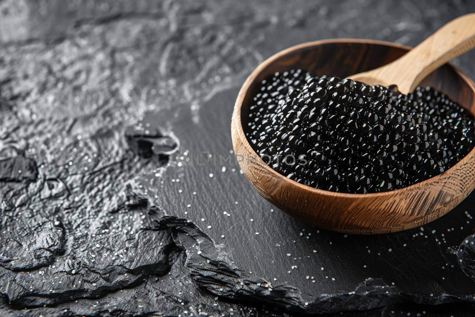 Black sturgeon caviar, wooden bowl, dark stone texture. Healthy food by Yevhen89