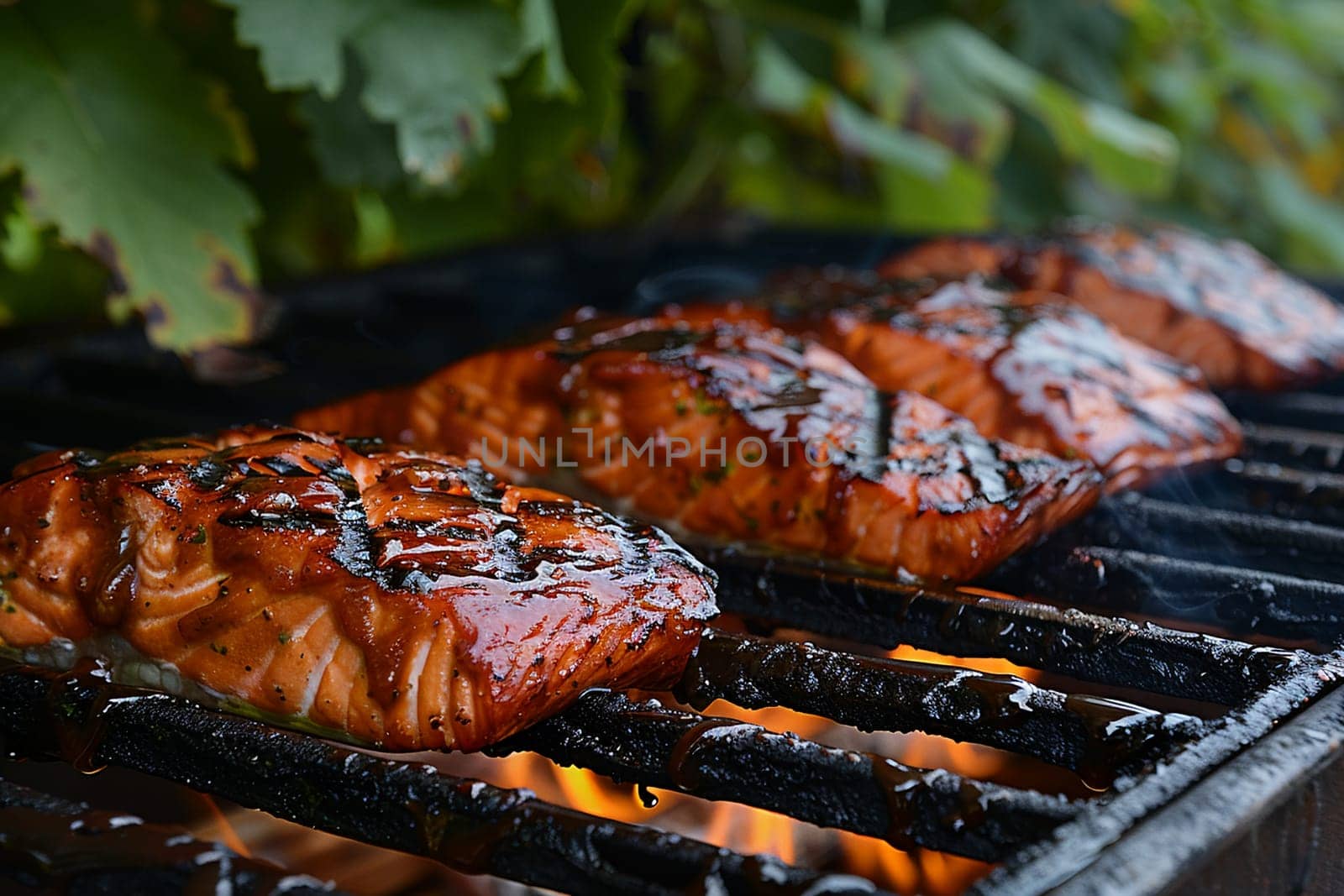 Close-up of juicy grilled salmon fillets with herbs on flaming grill, capturing outdoor cooking experience and gourmet seafood cuisine.