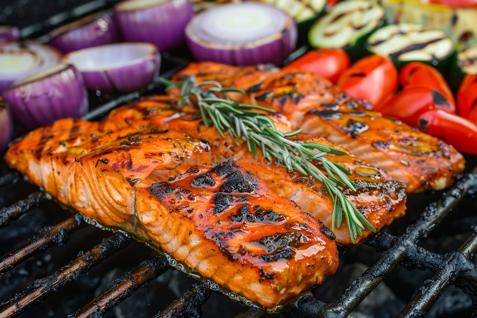 Juicy salmon fillets with grill marks alongside fresh vegetables over open BBQ flames. Culinary delight for garden party and healthy eating.