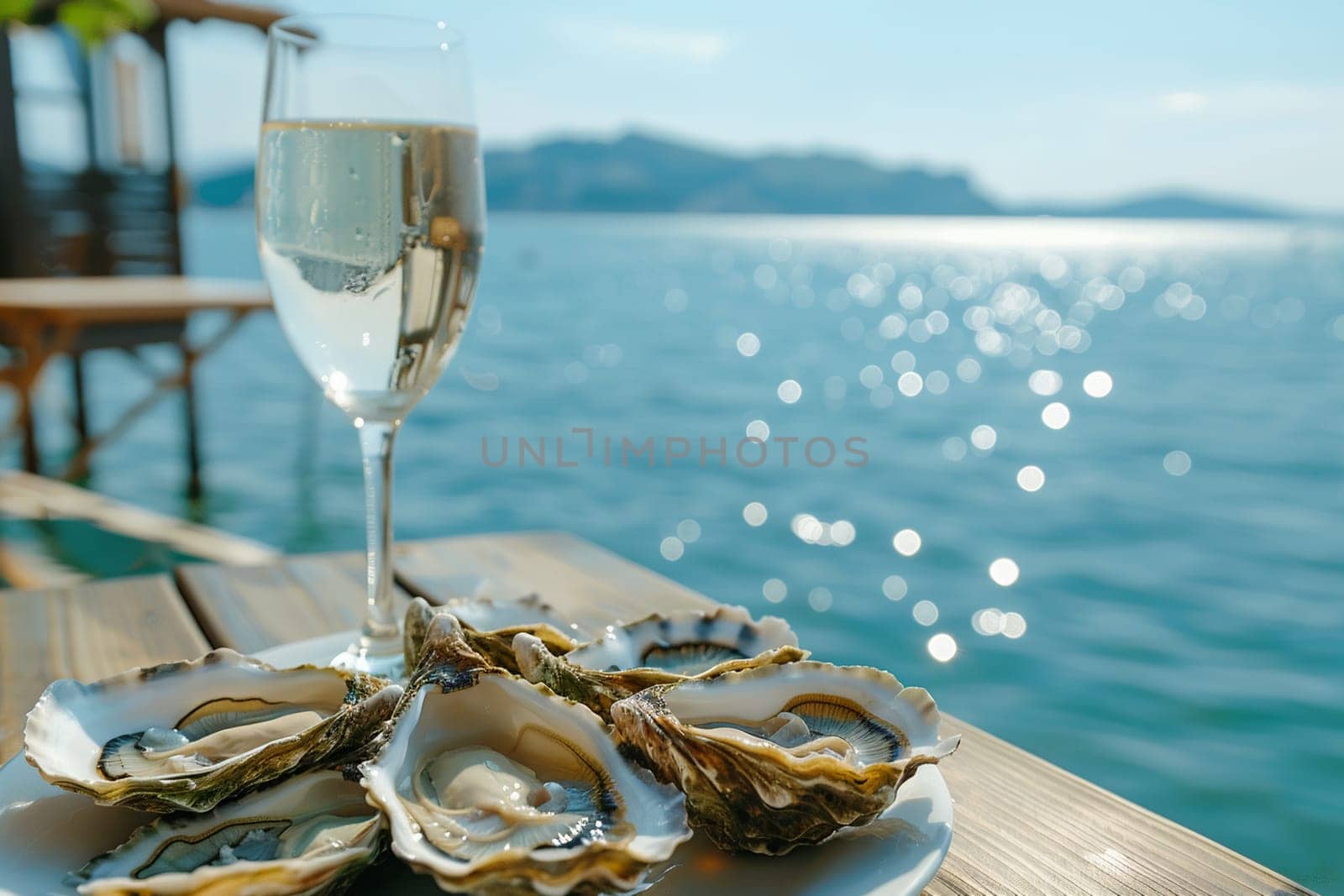 Close up of fresh oysters paired with glass of white wine served on wooden table with sea view on bright, sunny day.