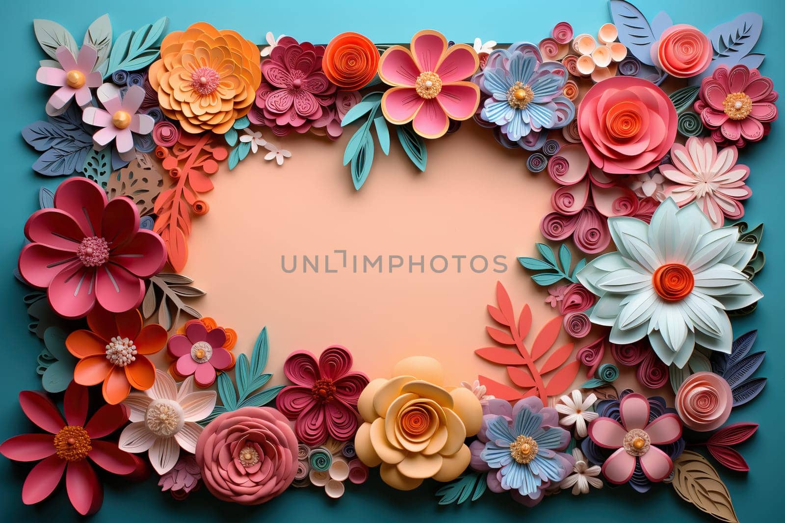 Spring, summer blue background with cut paper style flowers and place for text.