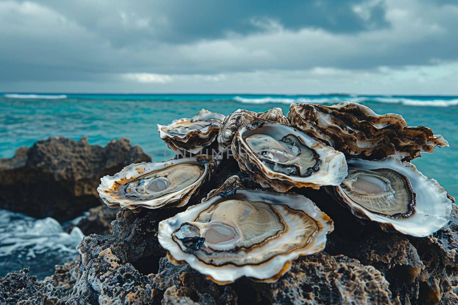 Close up of fresh assorted oysters on rocks with sea horizon in background, showcasing natural seafood and ocean landscape