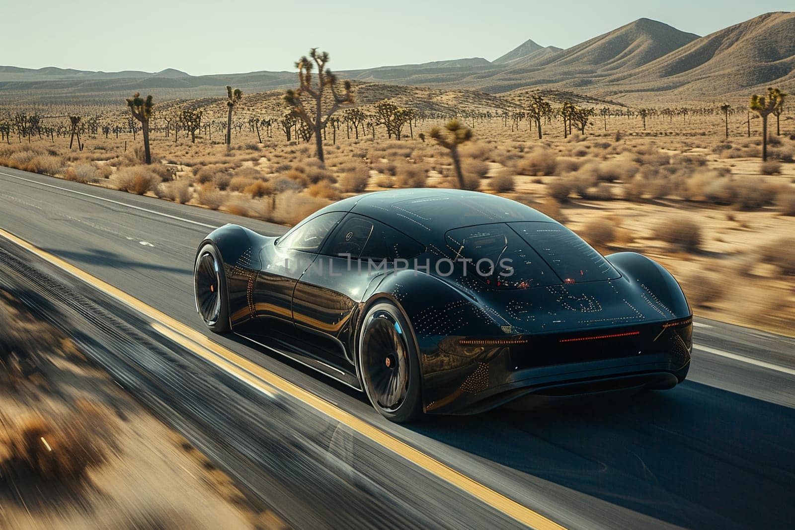 Innovative electric vehicle with solar panels driving through desert landscape showcasing futuristic design and sustainable technology.