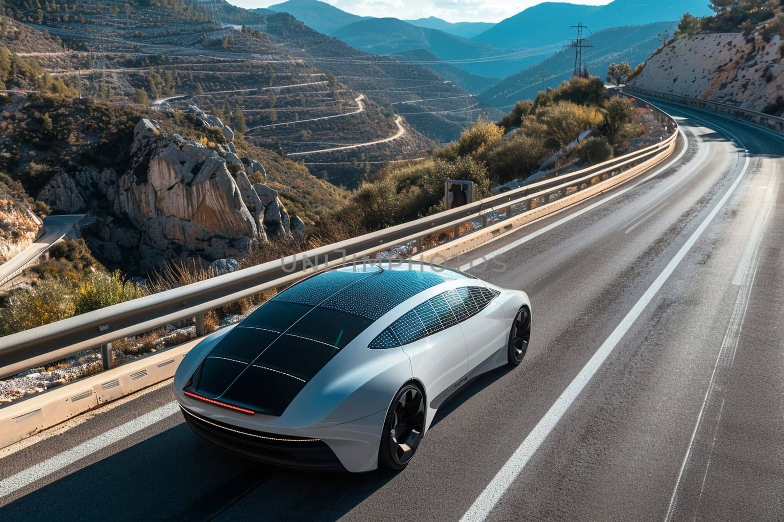Eco-friendly transportation concept with solar-powered electric car cruising on scenic highway surrounded by mountains under clear sky.