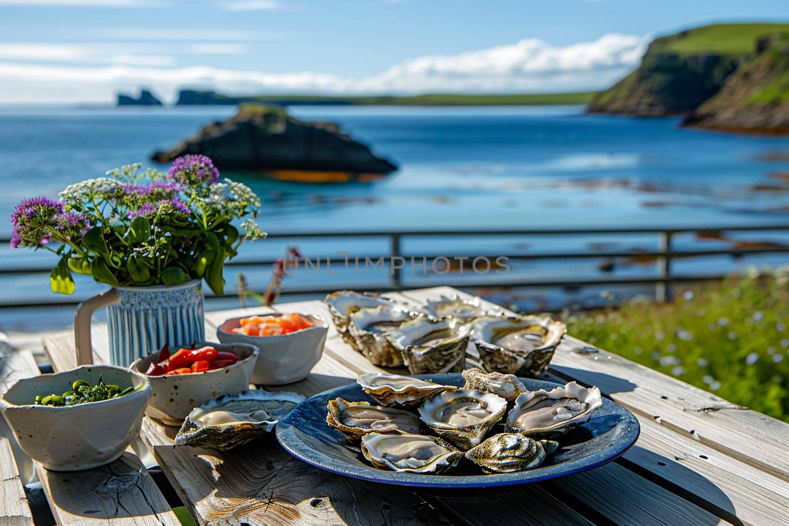 Assorted fresh oysters on a plate with sea view. Gourmet seafood dining experience with salad and tomatoes on outdoor wooden table.