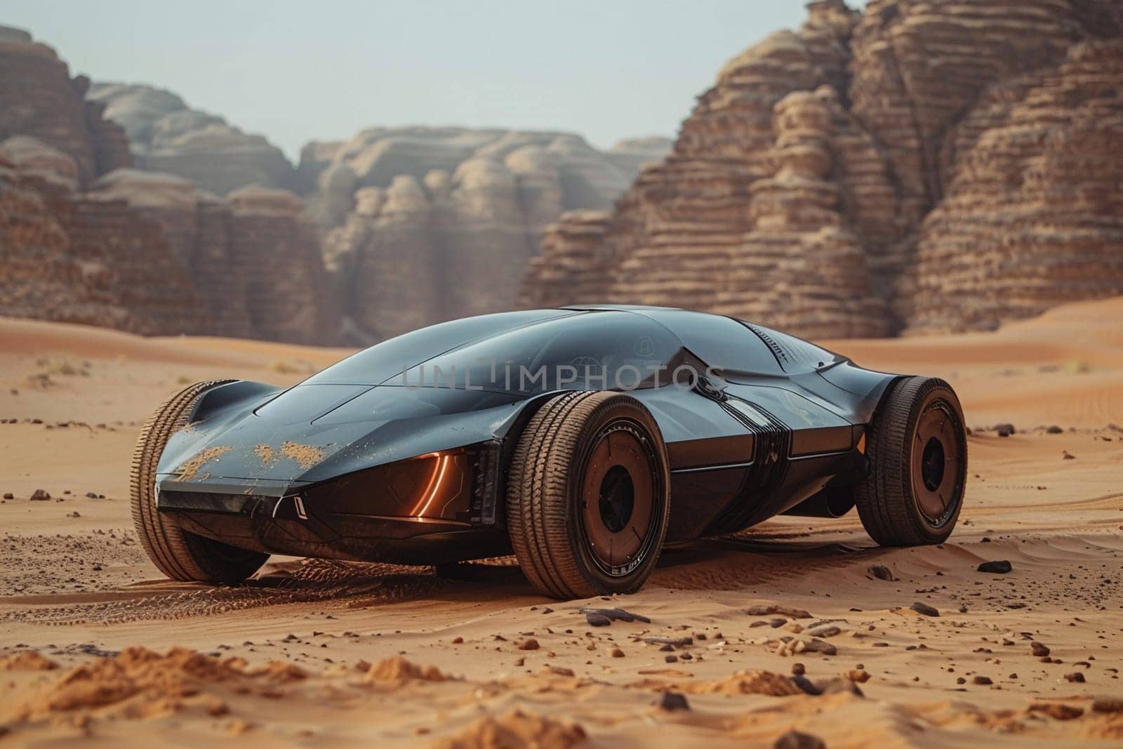 Eco-friendly transportation concept with futuristic solar-powered electric car exploring mountainous desert terrain, showcasing innovation and sustainability
