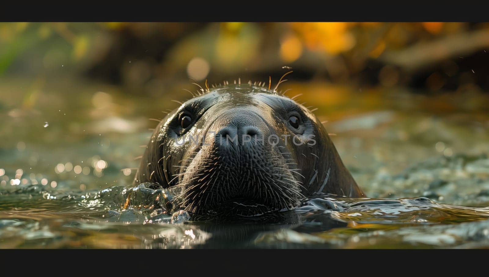 A carnivorous terrestrial animal with whiskers and a snout swimming in the liquid fluid of the water. A closeup capturing the marine mammal in its natural marine biology habitat
