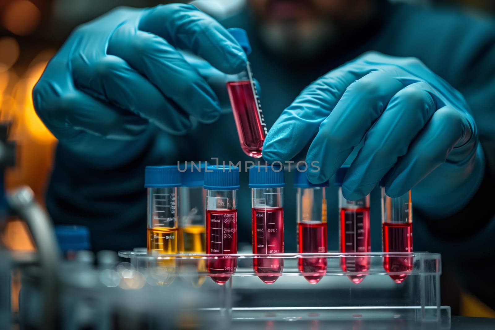 A scientist is carefully pouring a red fluid into a test tube using a laboratory equipment. Their thumb and finger grip the tube while they focus on the experiment