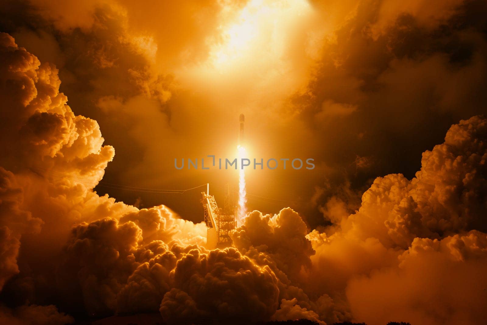 Captivating image of rocket launch with intense flames and smoke against dark sky. Dramatic space exploration concept with powerful rocket ignition, creating billowing clouds and fierce light.
