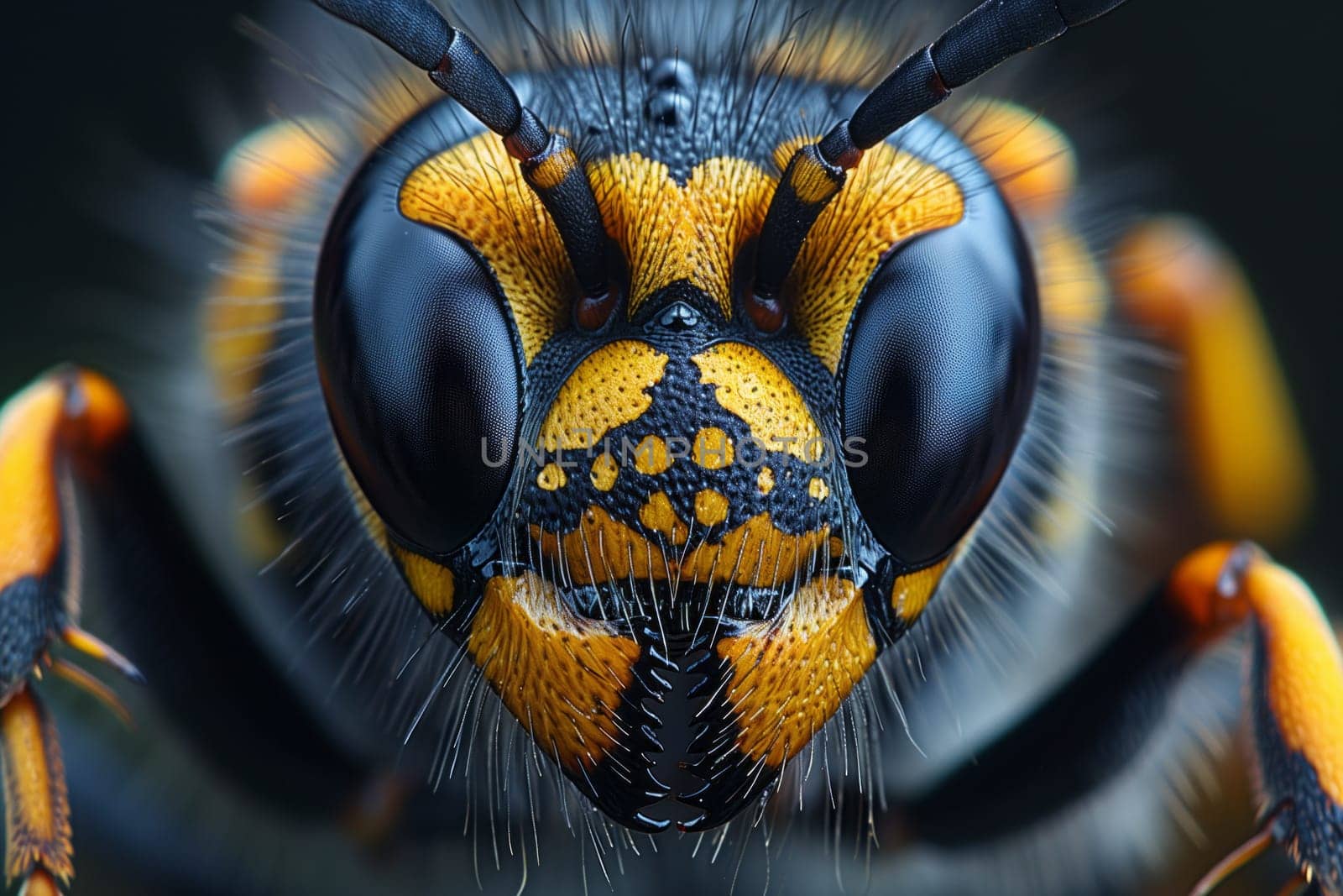 A closeup of a yellow and black wasps face, showing its intricate compound eyes and antenna. This arthropod is a pollinator and can be mistaken for a bee or bumblebee