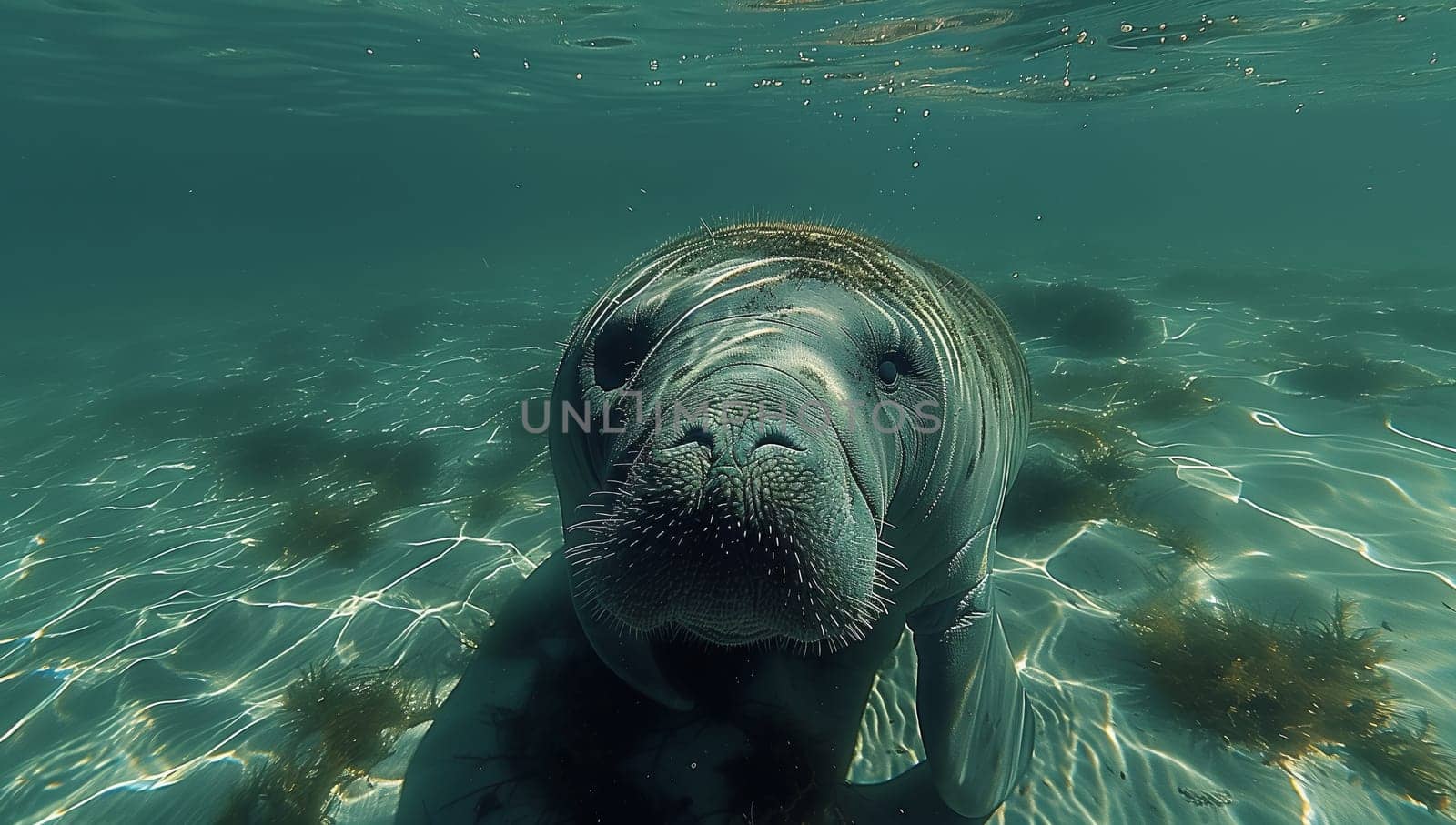 a manatee is swimming in the ocean and looking at the camera by richwolf