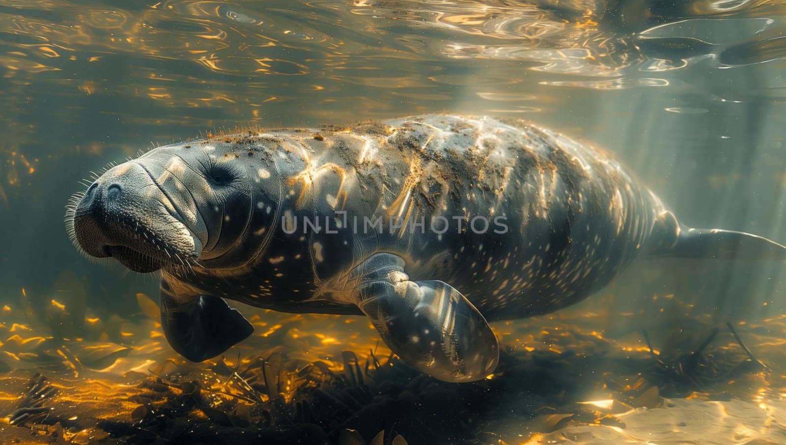 A marine mammal, the manatee, glides gracefully underwater in a tranquil lake, its sleek body moving effortlessly through the electric blue water