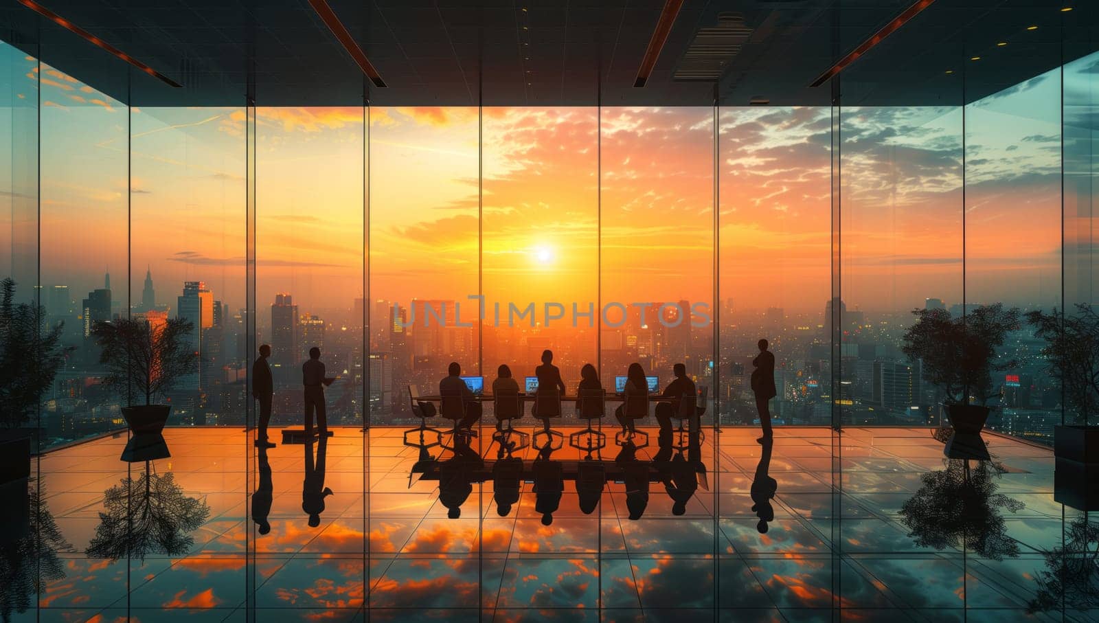 A group of people are enjoying the afterglow of the sunset at a table by the window, overlooking the city skyline against the backdrop of the horizon