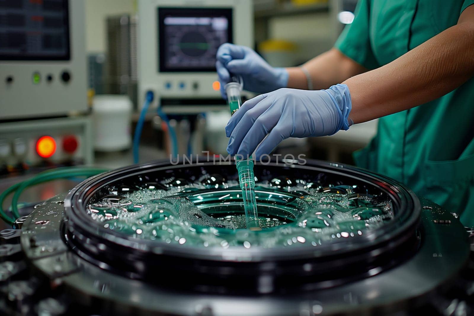 An engineer is pouring a liquid solvent into a glass container in the laboratory. The fluid is a sparkling electric blue color, creating a mesmerizing water feature