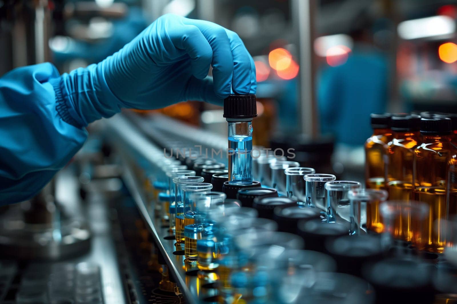 A scientist is working with fluid and gas on a conveyor belt in a laboratory, surrounded by electronic instruments and audio equipment