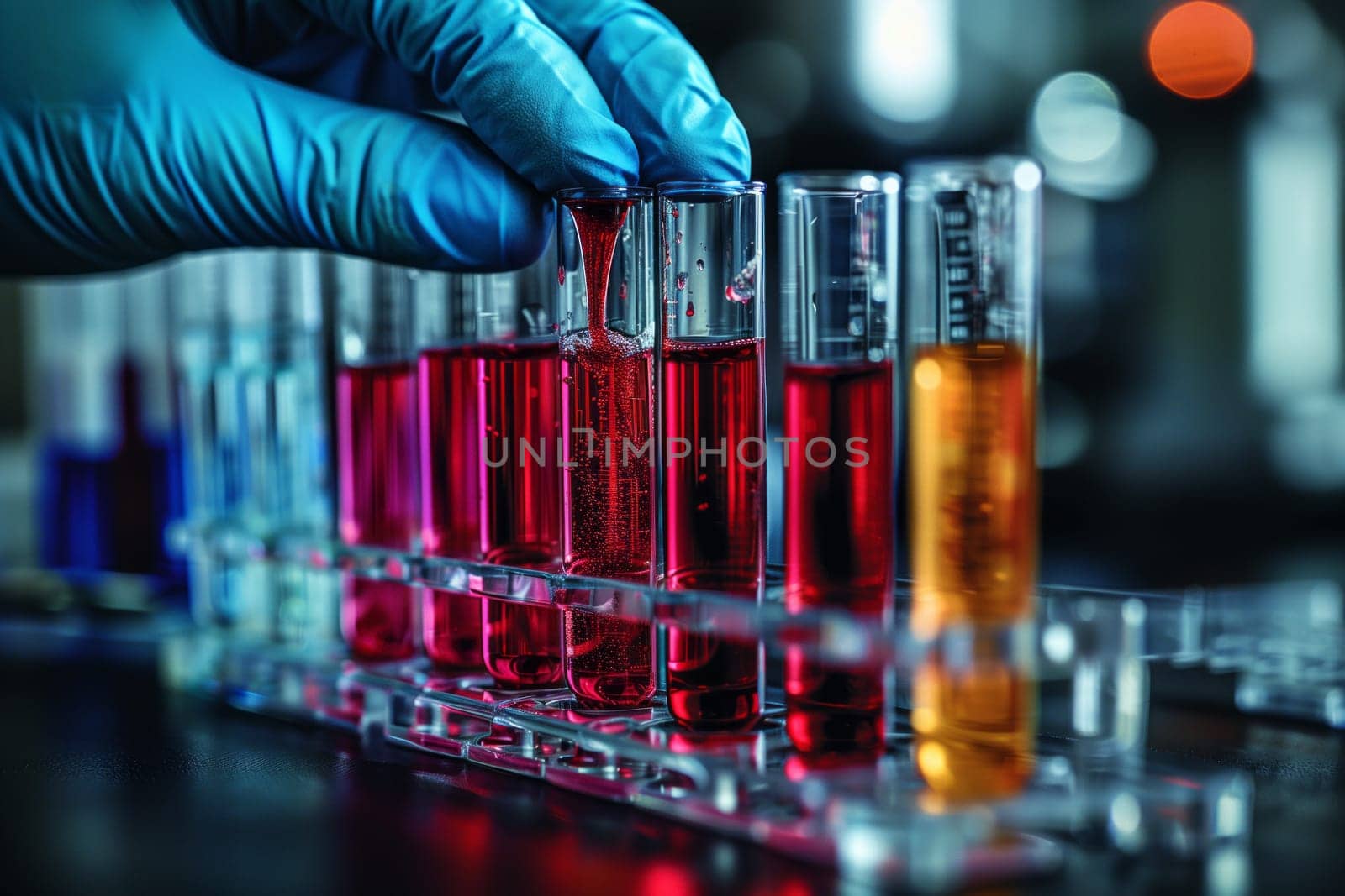 A person is adding a liquid solution into a test tube in a chemistry laboratory