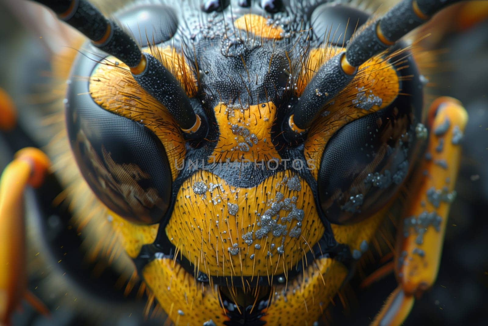 A detailed closeup of the head of a yellow and black wasp, showcasing its compound eyes and other features typical of an arthropod insect