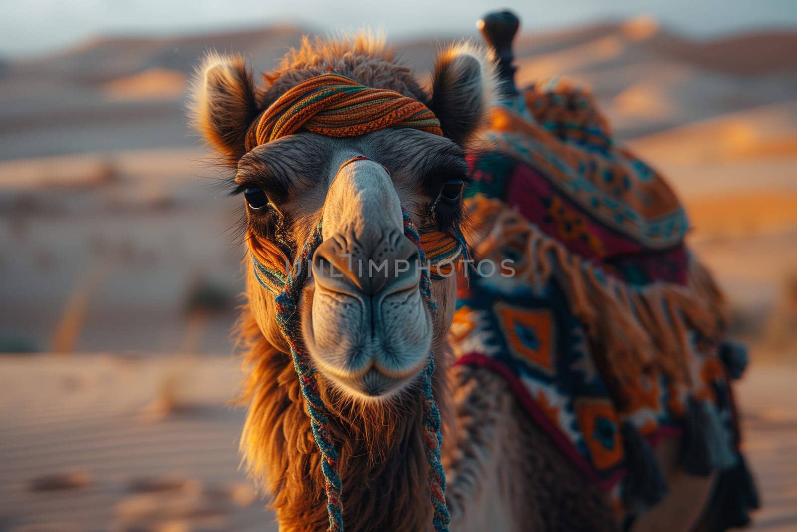 A closeup of a camels snout in the desert, showcasing this working animals role as a pack animal for travel in aeolian landscapes. Camels are terrestrial livestock and camelids