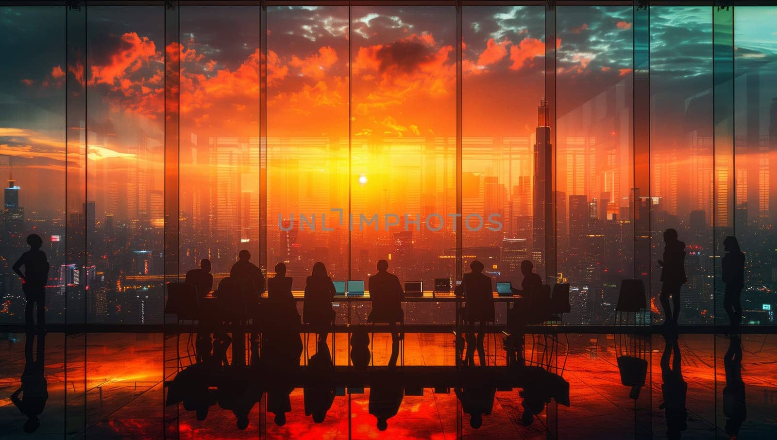 A group of people are enjoying the afterglow of the sunset while standing in front of a window, with the natural landscape and building silhouetted against the colorful sky
