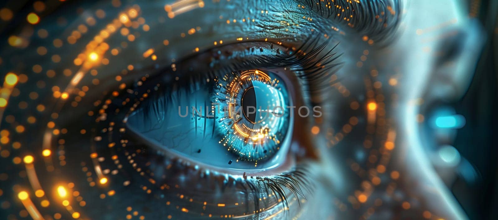 Macro photography of a womans eye with futuristic image projected on iris by richwolf