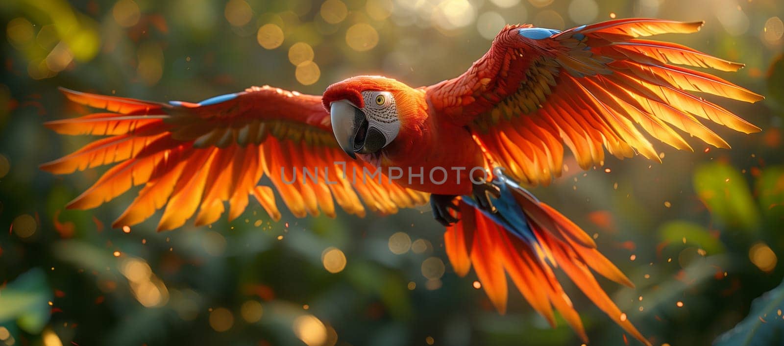 A vibrant red parrot soars through the sky, showcasing its beautiful feathers and spread wings, blending into the natural landscape