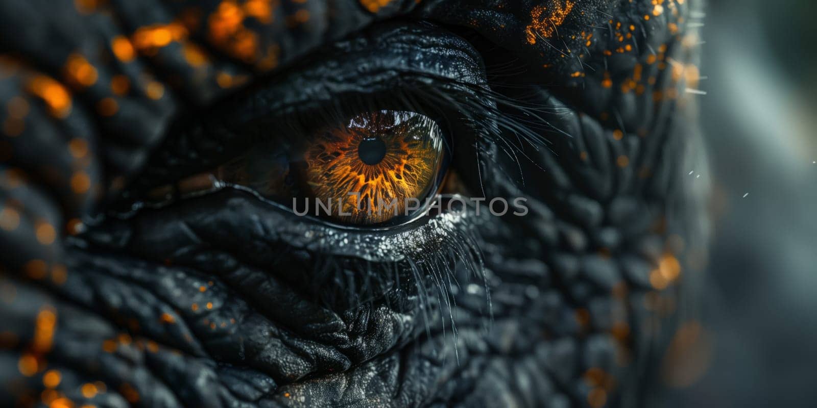 Close up of a reptiles eye, resembling a crocodilians. The electric blue iris stands out in the darkness, reflecting the wild nature of American alligators