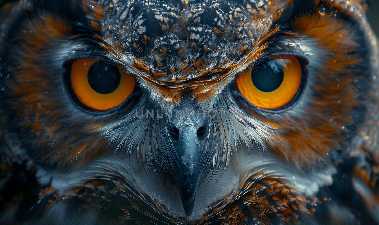 A closeup of an Eastern Screech Owls head, with bright orange eyes and a sharp beak. The vertebrate birds eyes piercingly stare into the camera