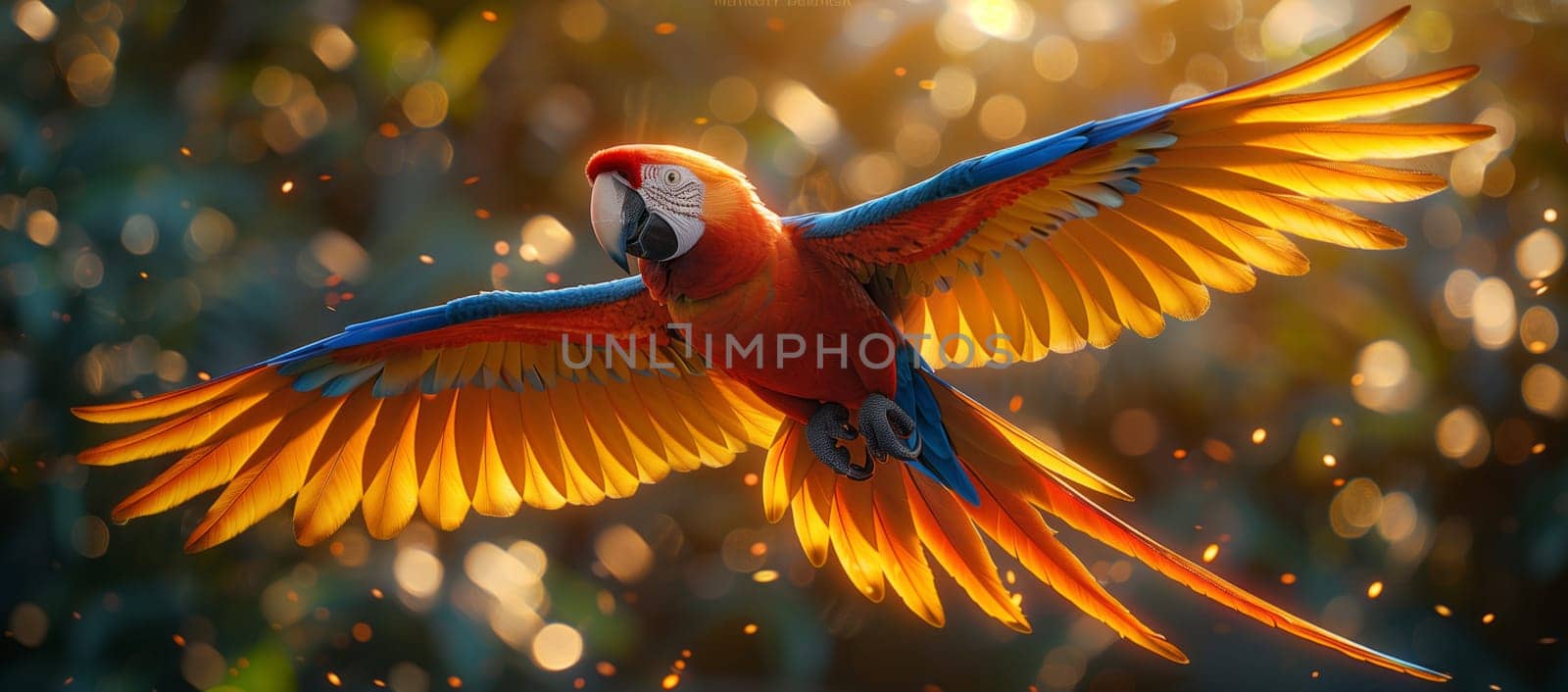 A vibrant electric blue parrot, with colorful feathers, is soaring through the sky with its wings spread wide, resembling a bird of prey