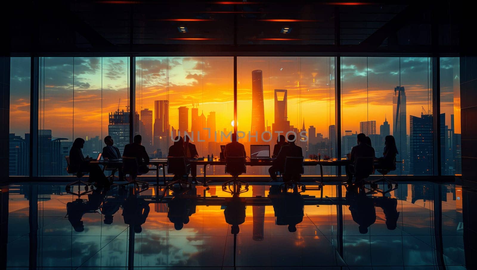 Group at table by window, city silhouette under sunset sky by richwolf